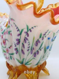Antique Victorian Harrach Hand Painted Enamel Floral Embossed Glass Basket Vase Antique Victorian Harrach Hand Painted Enamel Floral Embossed Glass Basket Vase