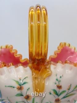 Antique Victorian Harrach Hand Painted Enamel Floral Embossed Glass Basket Vase Antique Victorian Harrach Hand Painted Enamel Floral Embossed Glass Basket Vase