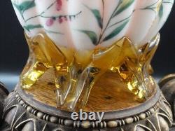 Antique Victorian Harrach Hand Painted Enamel Floral Embossed Glass Basket Vase Antique Victorian Harrach Hand Painted Enamel Floral Embossed Glass Basket Vase