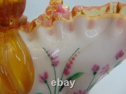 Antique Victorian Harrach Hand Painted Enamel Floral Embossed Glass Basket Vase Antique Victorian Harrach Hand Painted Enamel Floral Embossed Glass Basket Vase