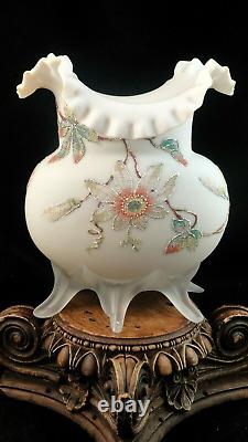 Antique Victorian Harrach Passion Flower Glass Vase Colorful Hand Painted Frit