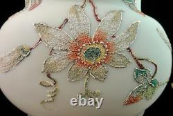 Antique Victorian Harrach Passion Flower Glass Vase Colorful Hand Painted Frit