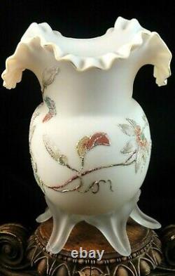 Antique Victorian Harrach Passion Flower Glass Vase Colorful Hand Painted Frit