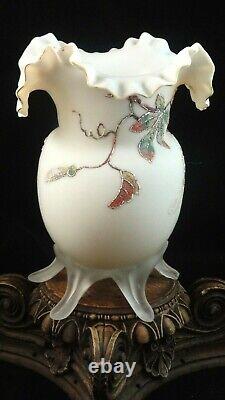 Antique Victorian Harrach Passion Flower Glass Vase Colorful Hand Painted Frit