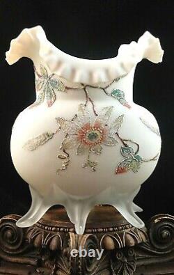 Antique Victorian Harrach Passion Flower Glass Vase Colorful Hand Painted Frit