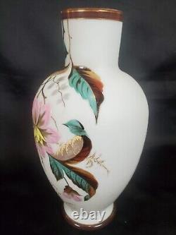 Antique Victorian Harrach or Mount Washington Art Glass Enamel Painted Vase