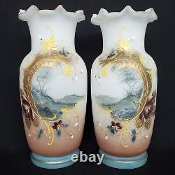 Antique Victorian Japonisme Hand Painted Grisaille Mirrored Scenic Vases 11.5