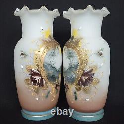 Antique Victorian Japonisme Hand Painted Grisaille Mirrored Scenic Vases 11.5