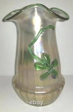 Antique Victorian Kralik Art Glass Tri-fold Rim Iridized Vase +Appliques