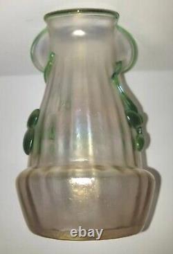 Antique Victorian Kralik Art Glass Tri-fold Rim Iridized Vase +Appliques