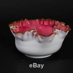 Antique Victorian Large Bowl Milk Glass Pink Ruffle Ribbon Edge Footed Crimped