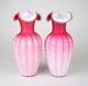 Antique Victorian Mop Mother Of Pearl Pink Satin Glass Herringbone Vase Set Of 2
