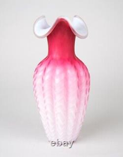 Antique Victorian MOP Mother of Pearl Pink Satin Glass Herringbone Vase Set of 2