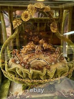 Antique Victorian Memento Mori Human Hair Art, Basket, Curved Glass Display Case