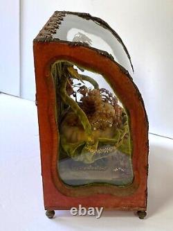 Antique Victorian Memento Mori Human Hair Art, Basket, Curved Glass Display Case