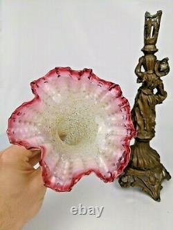 Antique Victorian Metal And Ruffled Art Glass Figural Epergne