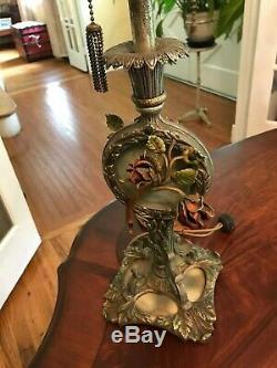 Antique Victorian Miller Handel B&h Style Slag Glass Lamp Base Ornate Art Roses