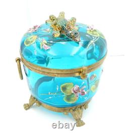 Antique Victorian Moser Blue Art Glass Handmade Salamander Hinged Dresser Box