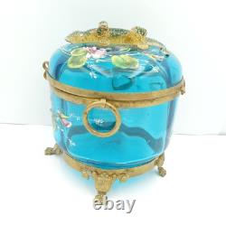 Antique Victorian Moser Blue Art Glass Handmade Salamander Hinged Dresser Box