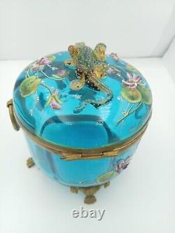 Antique Victorian Moser Blue Art Glass Handmade Salamander Hinged Dresser Box