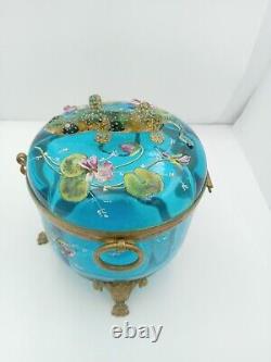 Antique Victorian Moser Blue Art Glass Handmade Salamander Hinged Dresser Box