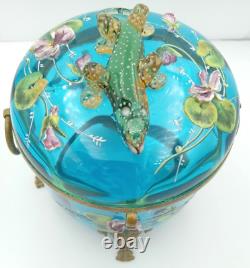 Antique Victorian Moser Blue Art Glass Handmade Salamander Hinged Dresser Box