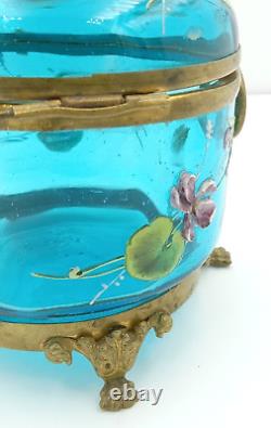 Antique Victorian Moser Blue Art Glass Handmade Salamander Hinged Dresser Box