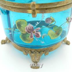 Antique Victorian Moser Blue Art Glass Handmade Salamander Hinged Dresser Box