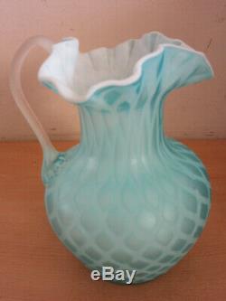 Antique Victorian Mount Washington blue blown satin glass quilted water pitcher