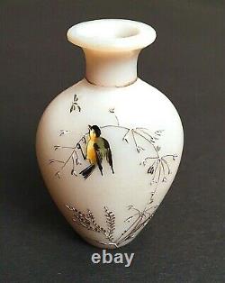 Antique Victorian Mt. Washington Cased Glass Hand Painted Vase Goldfinch Bird