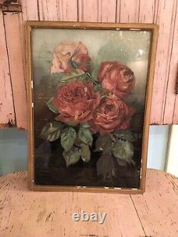 Antique Victorian Oil Painting Red Roses On Glass Signed Wood Frame #14