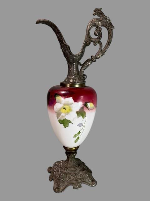 Antique Victorian Ornate Cast Metal & Floral Hand Painted Art Glass Ewer