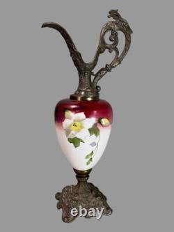 Antique Victorian Ornate Cast Metal & Floral Hand Painted Art Glass Ewer Antique Victorian Ornate Cast Metal & Floral Hand Painted Art Glass Ewer