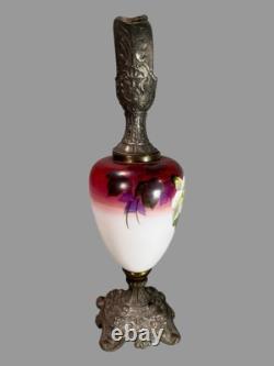 Antique Victorian Ornate Cast Metal & Floral Hand Painted Art Glass Ewer Antique Victorian Ornate Cast Metal & Floral Hand Painted Art Glass Ewer