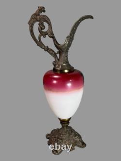 Antique Victorian Ornate Cast Metal & Floral Hand Painted Art Glass Ewer Antique Victorian Ornate Cast Metal & Floral Hand Painted Art Glass Ewer