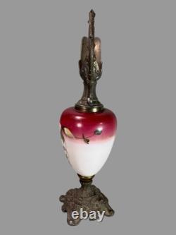 Antique Victorian Ornate Cast Metal & Floral Hand Painted Art Glass Ewer Antique Victorian Ornate Cast Metal & Floral Hand Painted Art Glass Ewer