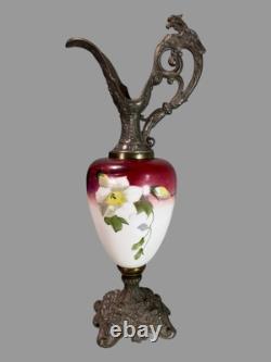 Antique Victorian Ornate Cast Metal & Floral Hand Painted Art Glass Ewer Antique Victorian Ornate Cast Metal & Floral Hand Painted Art Glass Ewer