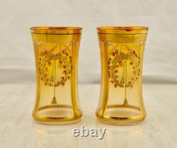 Antique Victorian Pair Bohemian Moser enamel Acorn wreath Art Glass beaker vases