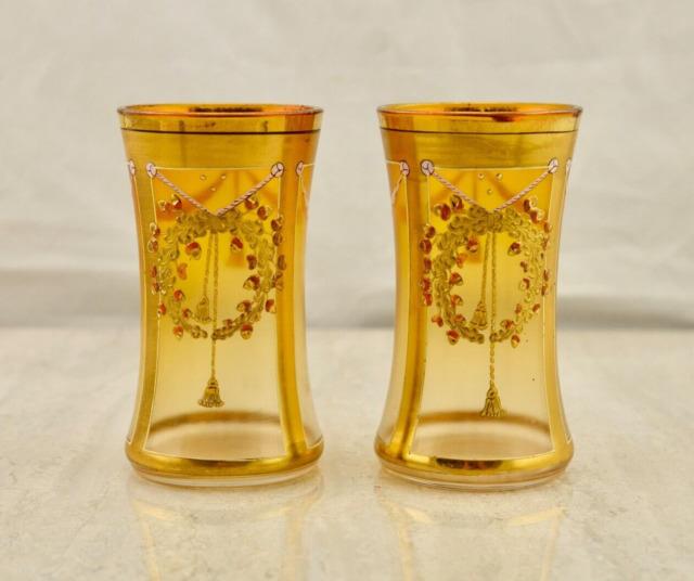 Antique Victorian Pair Bohemian Moser Enamel Acorn Wreath Art Glass Beaker Vases