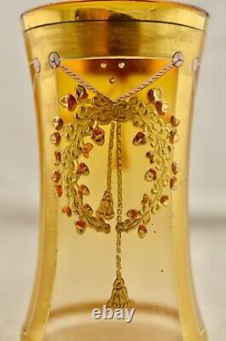 Antique Victorian Pair Bohemian Moser enamel Acorn wreath Art Glass beaker vases