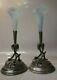 Antique Victorian Pair Of Spelter Metal & Hand Blown Art Glass Bud Trumpet Vase