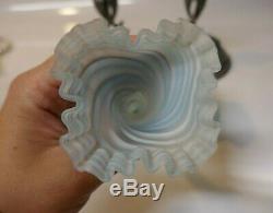 Antique Victorian Pair of Spelter Metal & Hand Blown Art Glass Bud Trumpet Vase