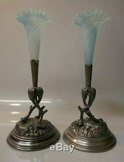 Antique Victorian Pair of Spelter Metal & Hand Blown Art Glass Bud Trumpet Vase