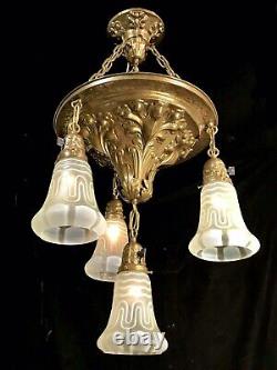 Antique Victorian Pan Ceiling Light Fixture VASELINE URANIUM ART GLASS SHADES