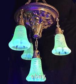 Antique Victorian Pan Ceiling Light Fixture VASELINE URANIUM ART GLASS SHADES