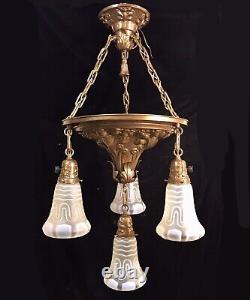 Antique Victorian Pan Ceiling Light Fixture VASELINE URANIUM ART GLASS SHADES