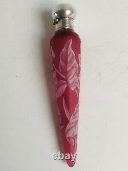 Antique Victorian Perfume Vial Bottle English Pink Cameo Art Glass Sterling Top