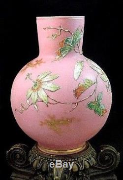 Antique Victorian Pink Cased Hand Painted Coralene Floral Art Glass Vase Loetz