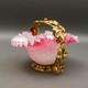 Antique Victorian Pink Cased Ornate Adorned Leaves Art Glass Brides Basket Bowl