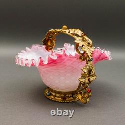 Antique Victorian Pink Cased Ornate Adorned Leaves Art Glass Brides Basket Bowl Antique Victorian Pink Cased Ornate Adorned Leaves Art Glass Brides Basket Bowl